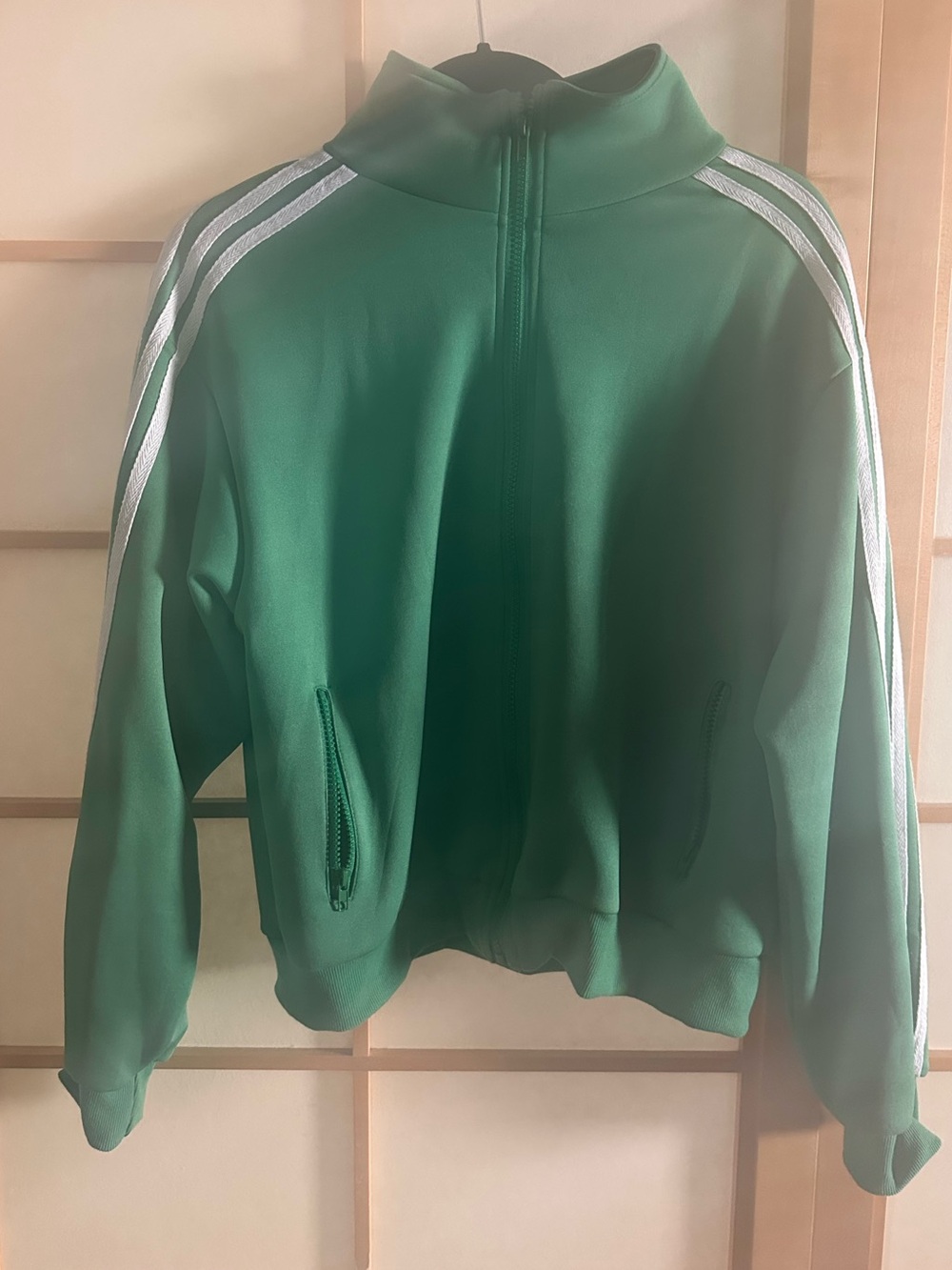 Women’s Green Stripe Track-Style Zip Oversized Vintage Bomber Jacket. M